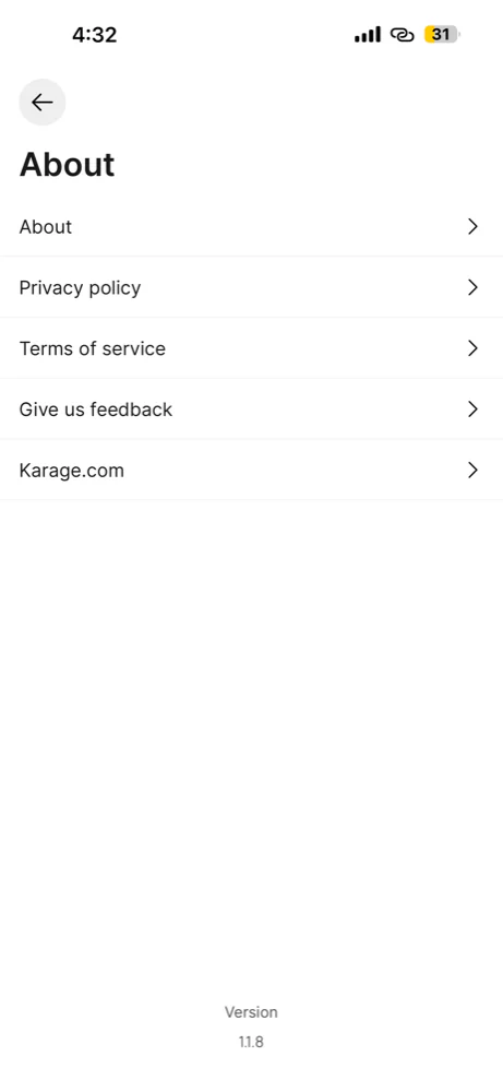 My Karage about and policies screen