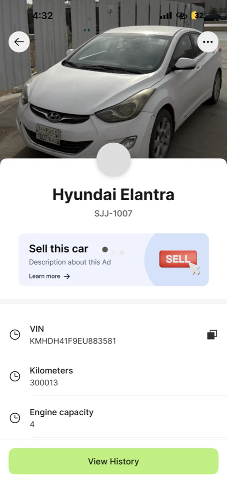 My Karage car detail page with VIN, mileage and history